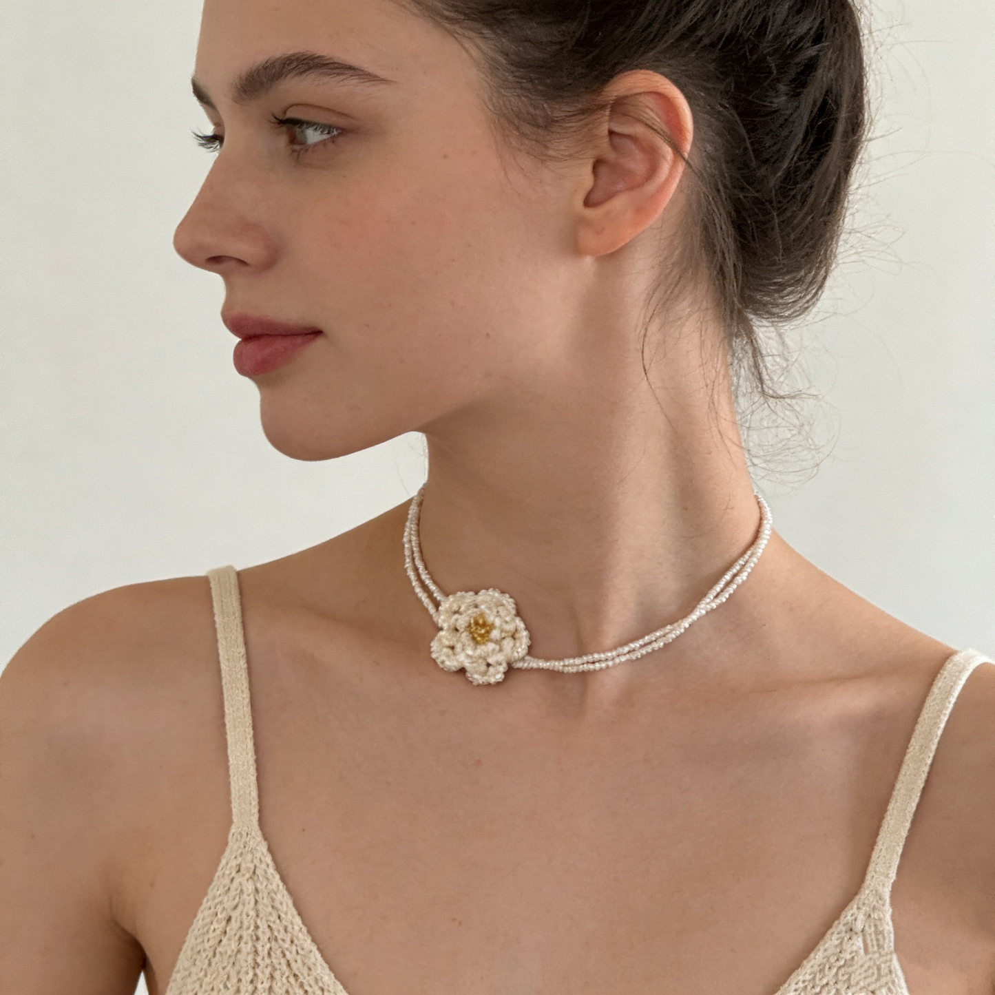 Hand Beaded Floral Necklace with Pearl Beads