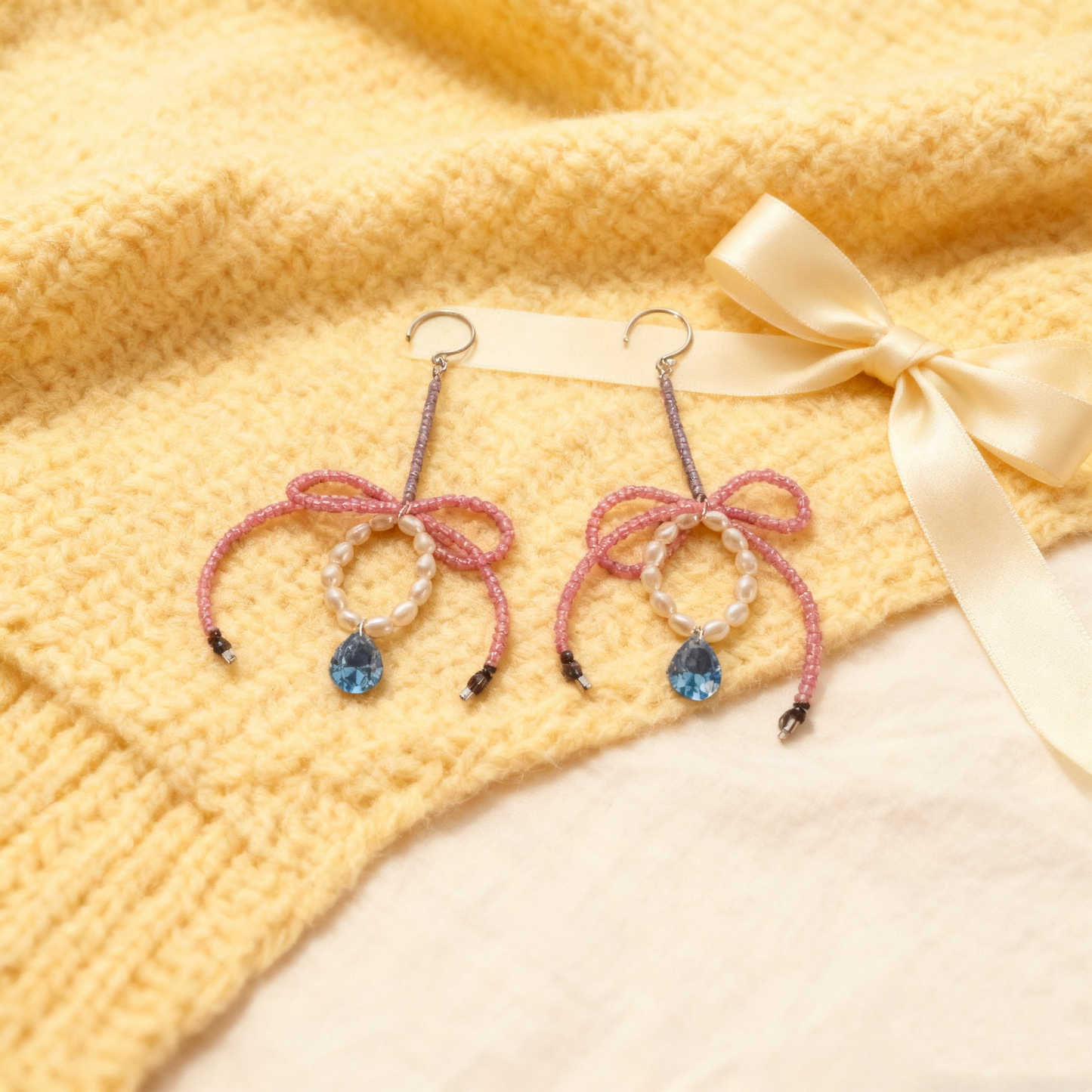 Pink Beaded Bow Earrings with Natural Pearls