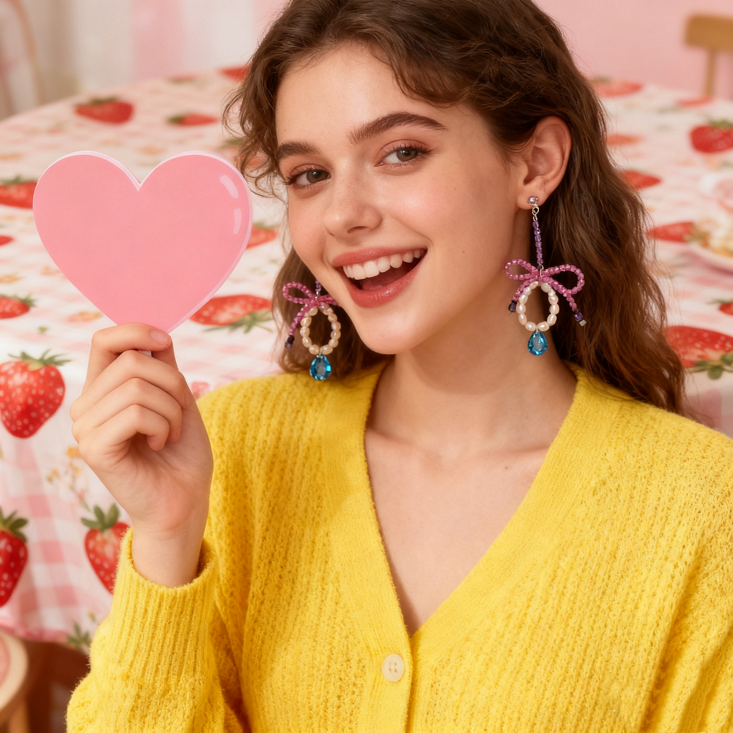 Pink beaded bow earrings with natural pearls