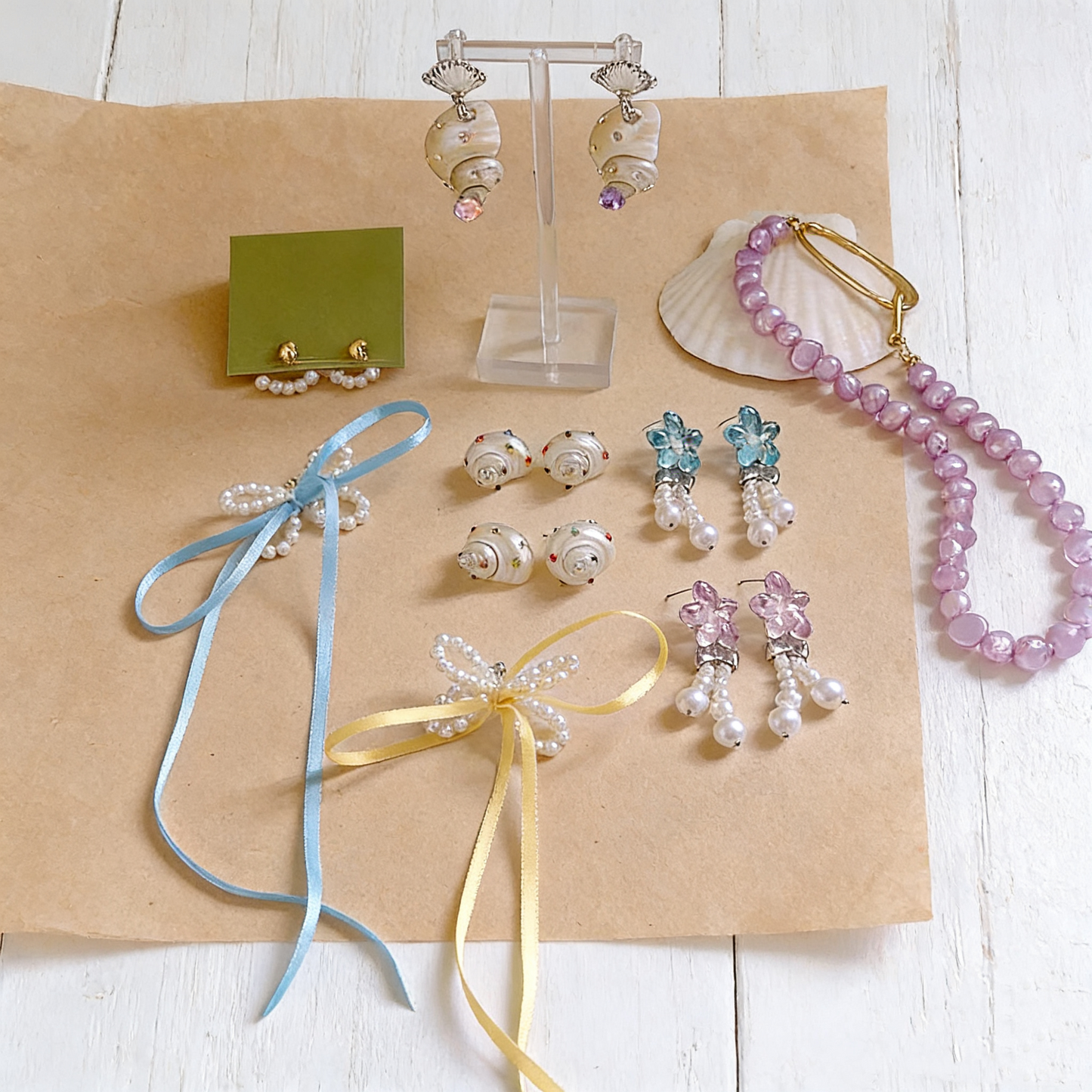 Pearl Bow Stud Earrings with Ribbon Ties