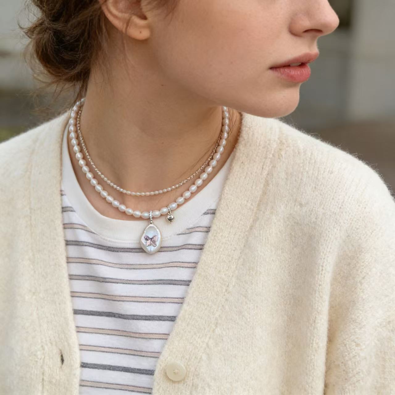 Pink Pearl Necklace with Baroque Pearl & Swarovski Butterfly