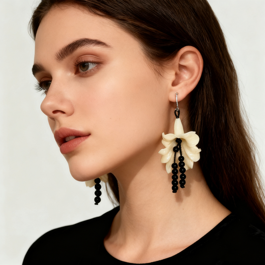 Handmade mother of pearl flower drop earrings worn on model