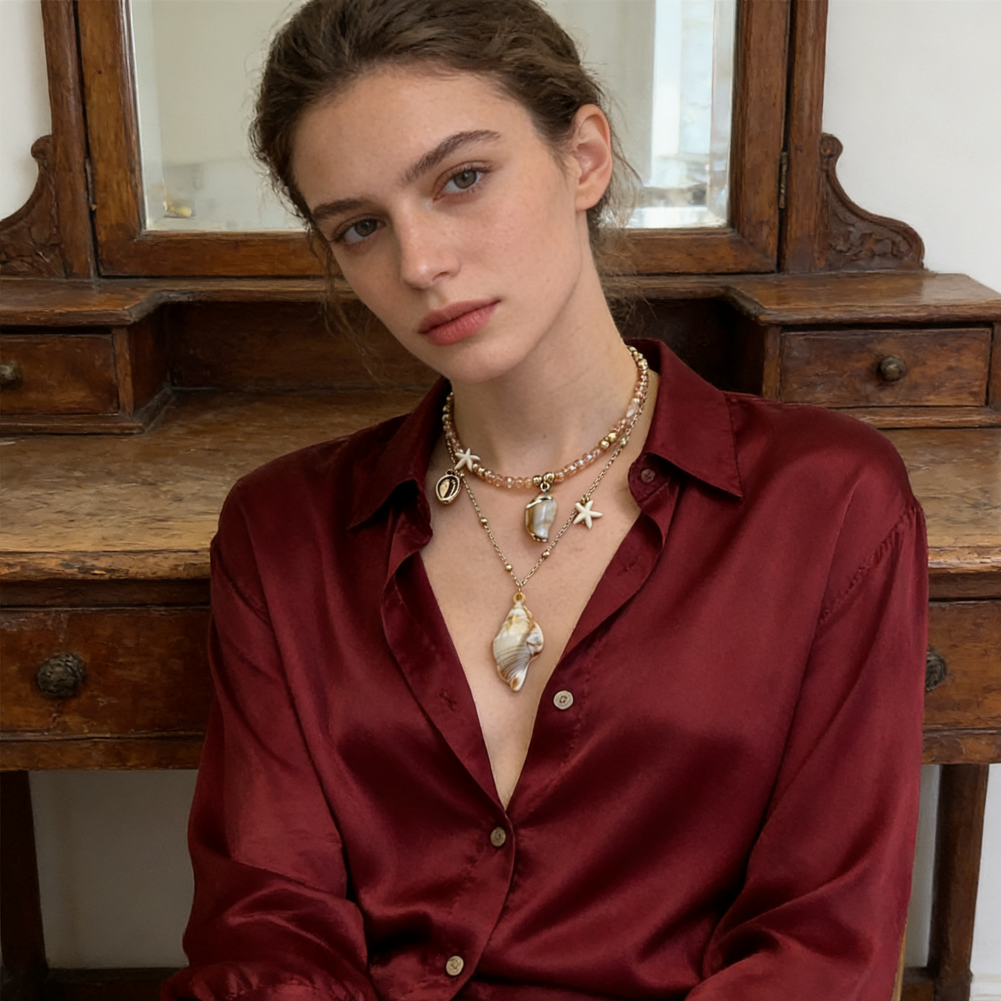 Layered Shell Pearl Charm Necklace