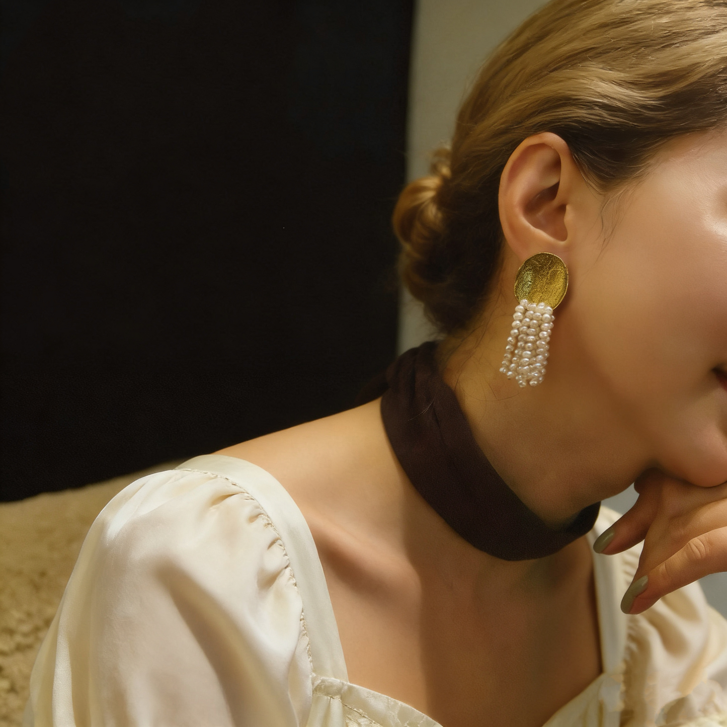 Textured Brass Pearl Drop Earrings