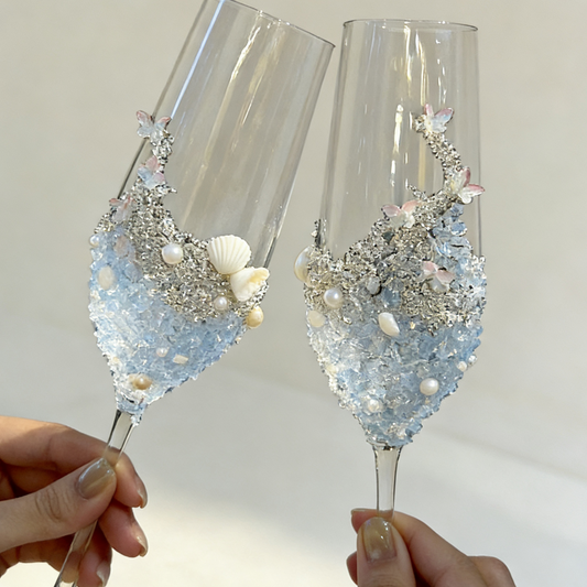 Handcrafted crystal champagne glasses designed for wedding toasts