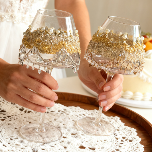 Luxury crystal burgundy wine glass with gold and silver crystal detailing for wedding toast