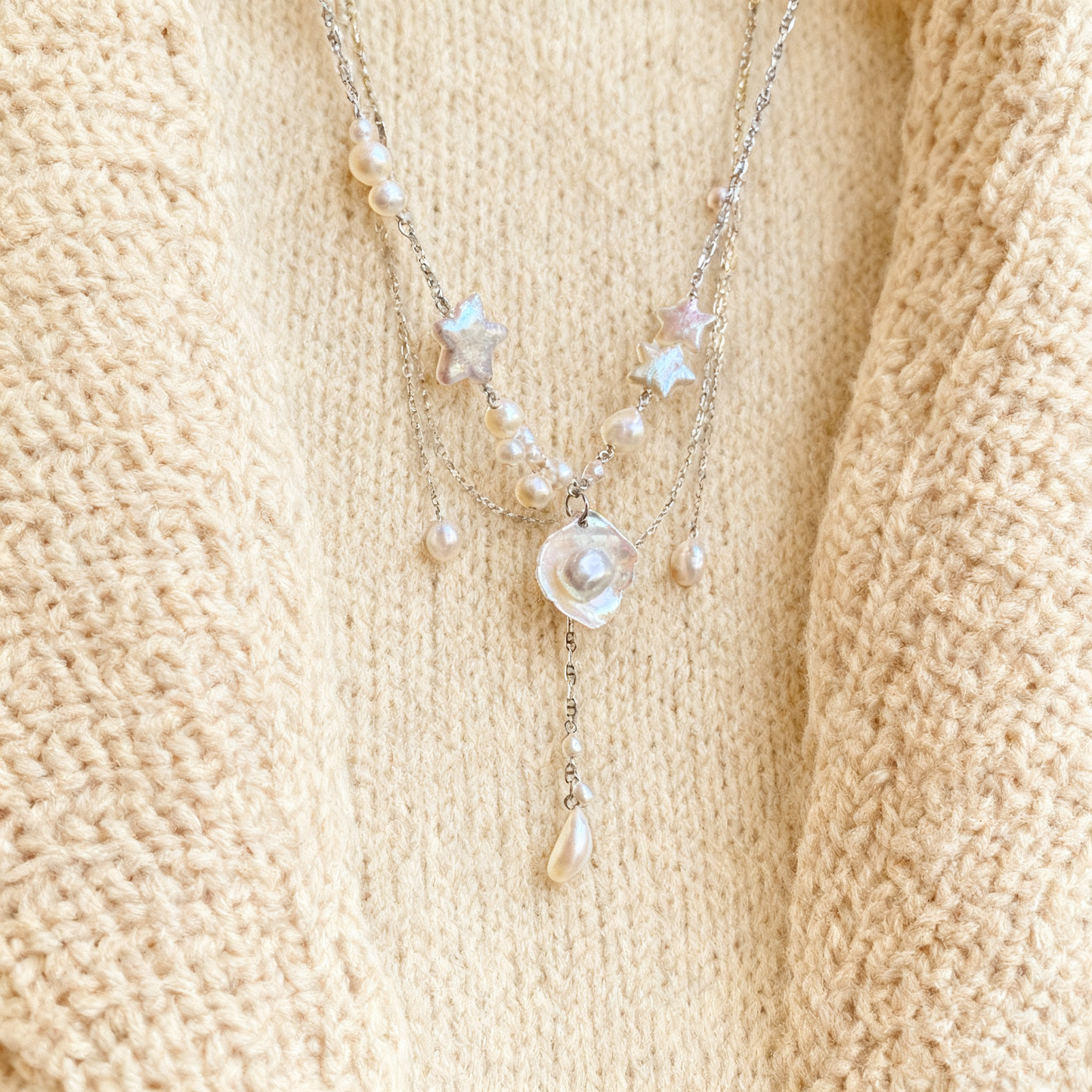 Layered Pearl Necklace with Star Details – Soft White