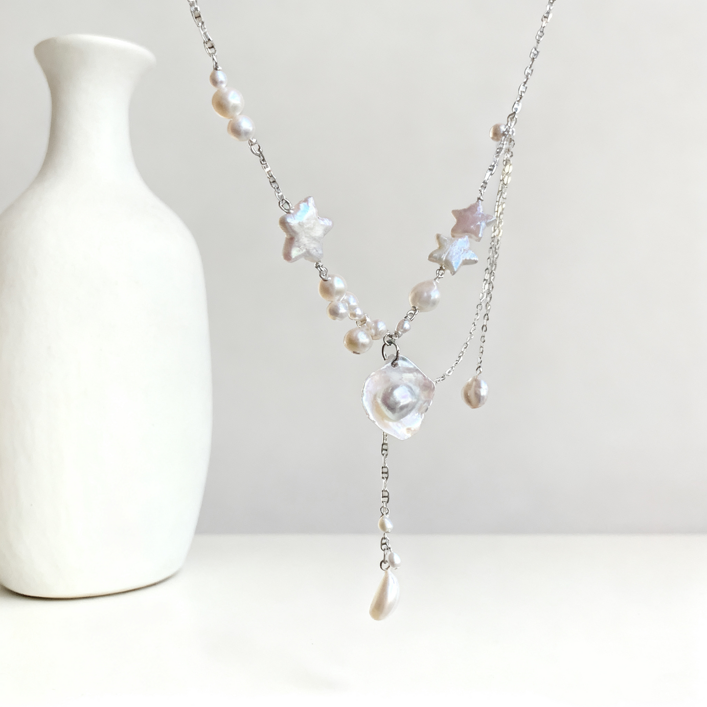 Layered Pearl Necklace with Star Details – Soft White