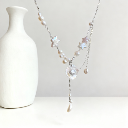 Layered Pearl Necklace with Star Details – Soft White