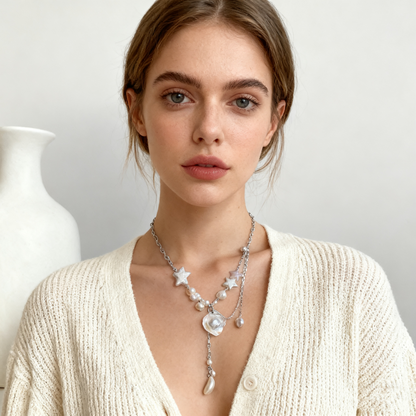 Layered Pearl Necklace with Star Details – Soft White