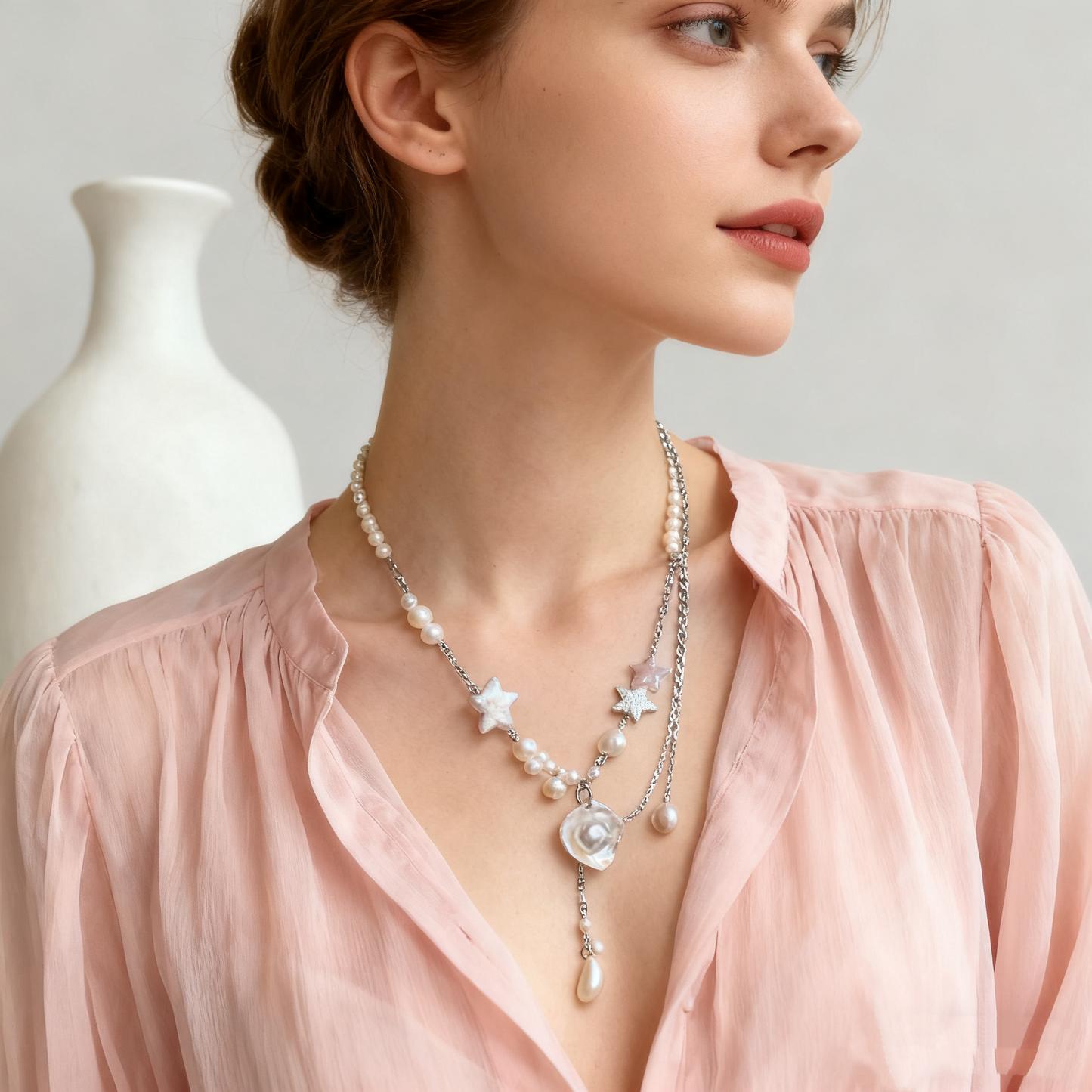 Layered Pearl Necklace with Star Details – Soft White
