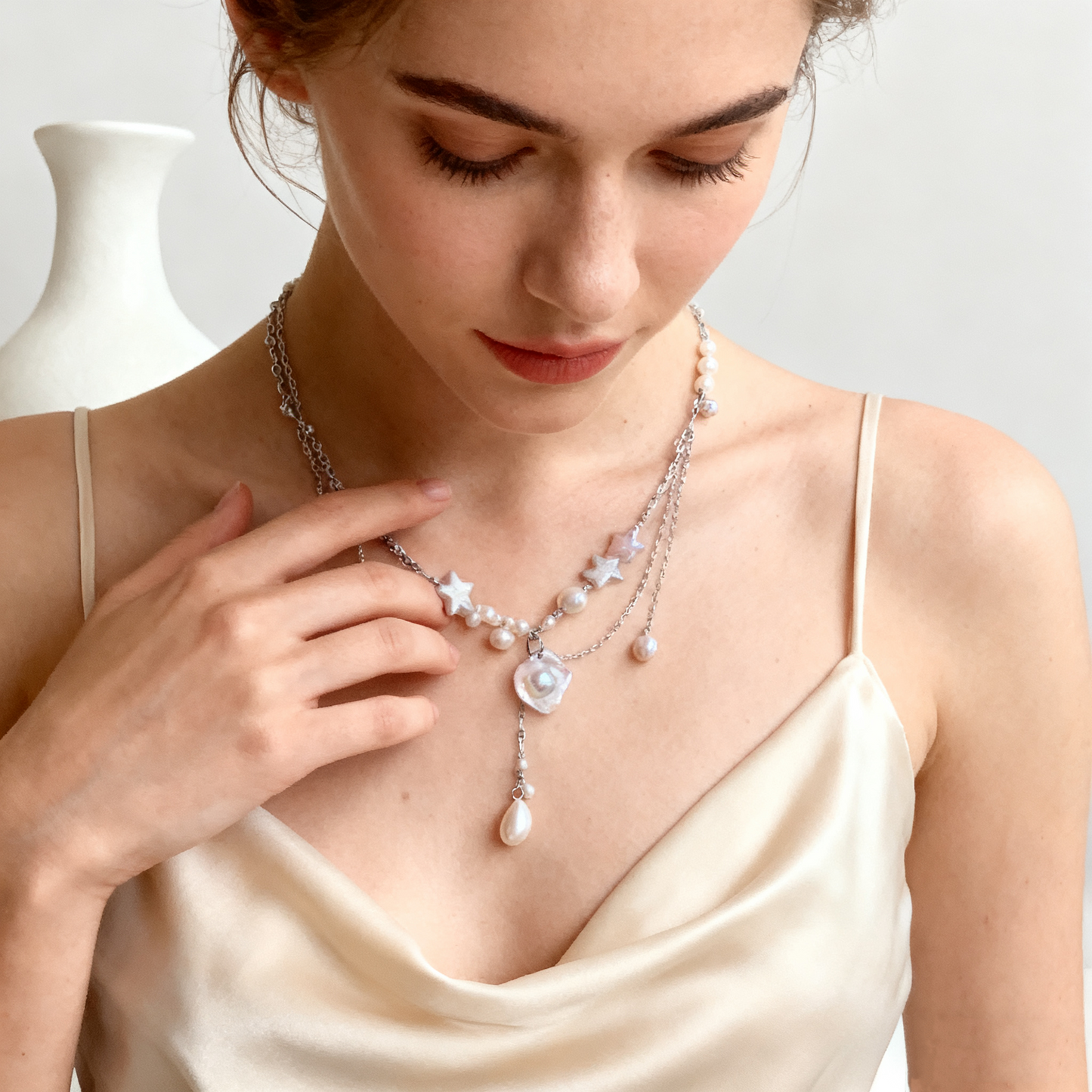 Layered Pearl Necklace with Star Details – Soft White