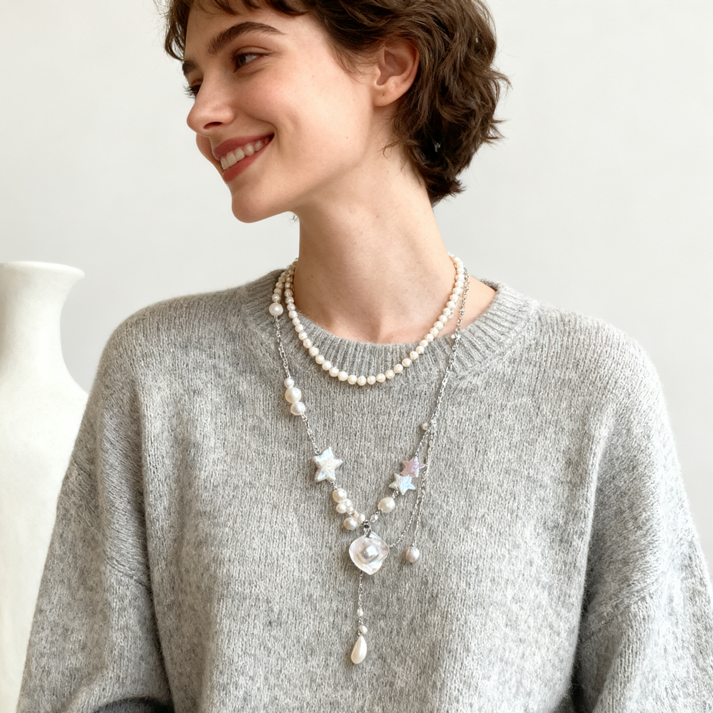 Layered Pearl Necklace with Star Details – Soft White