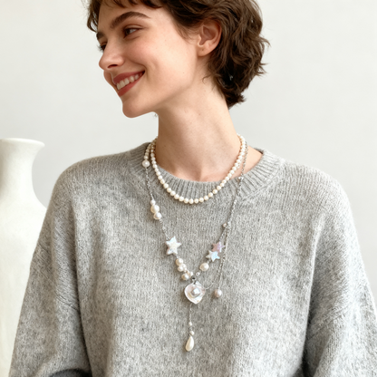 Layered Pearl Necklace with Star Details – Soft White