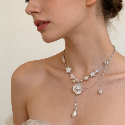 Layered Pearl Necklace with Star Details – Soft White
