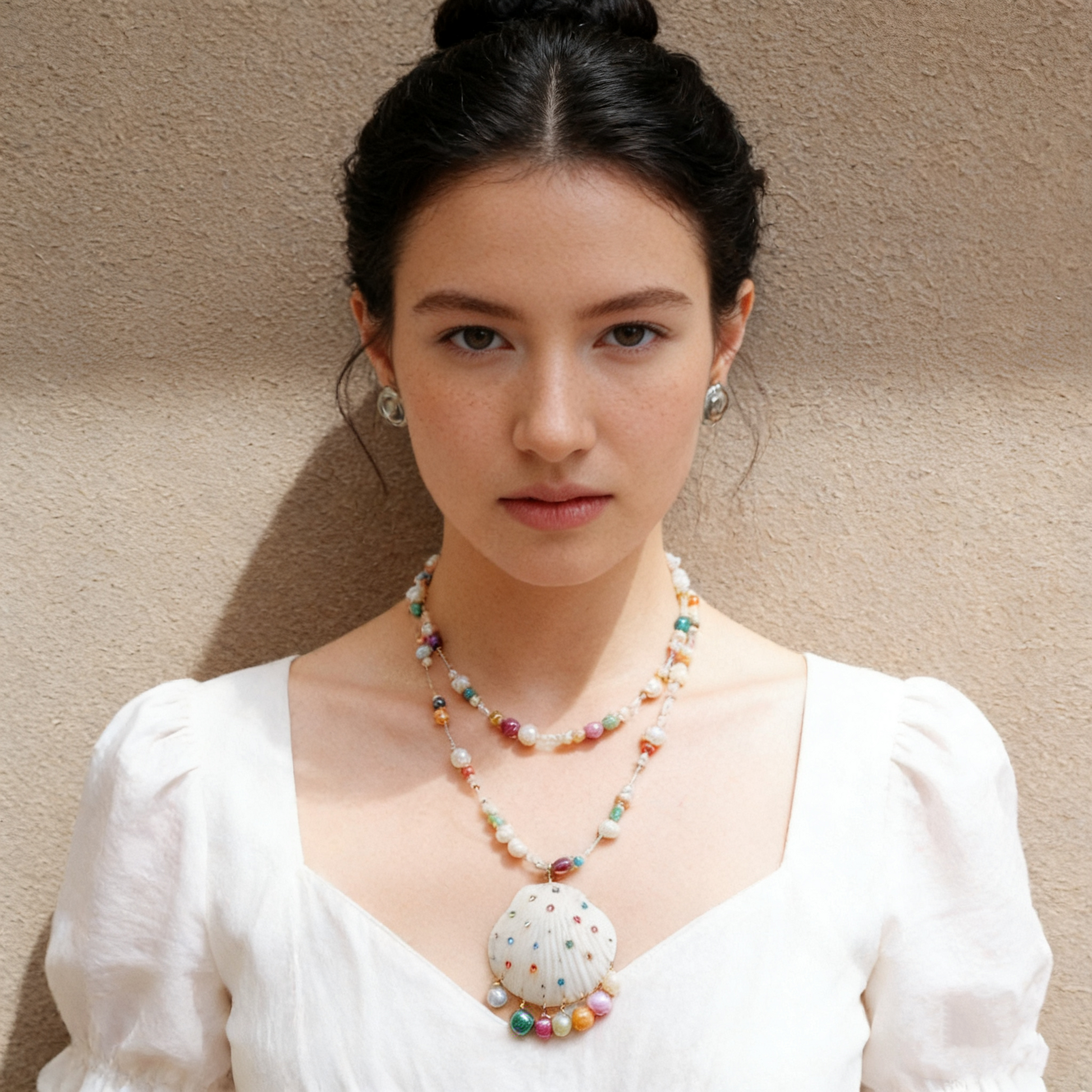 Natural shell necklace featuring a colorful beaded chain and crystal details