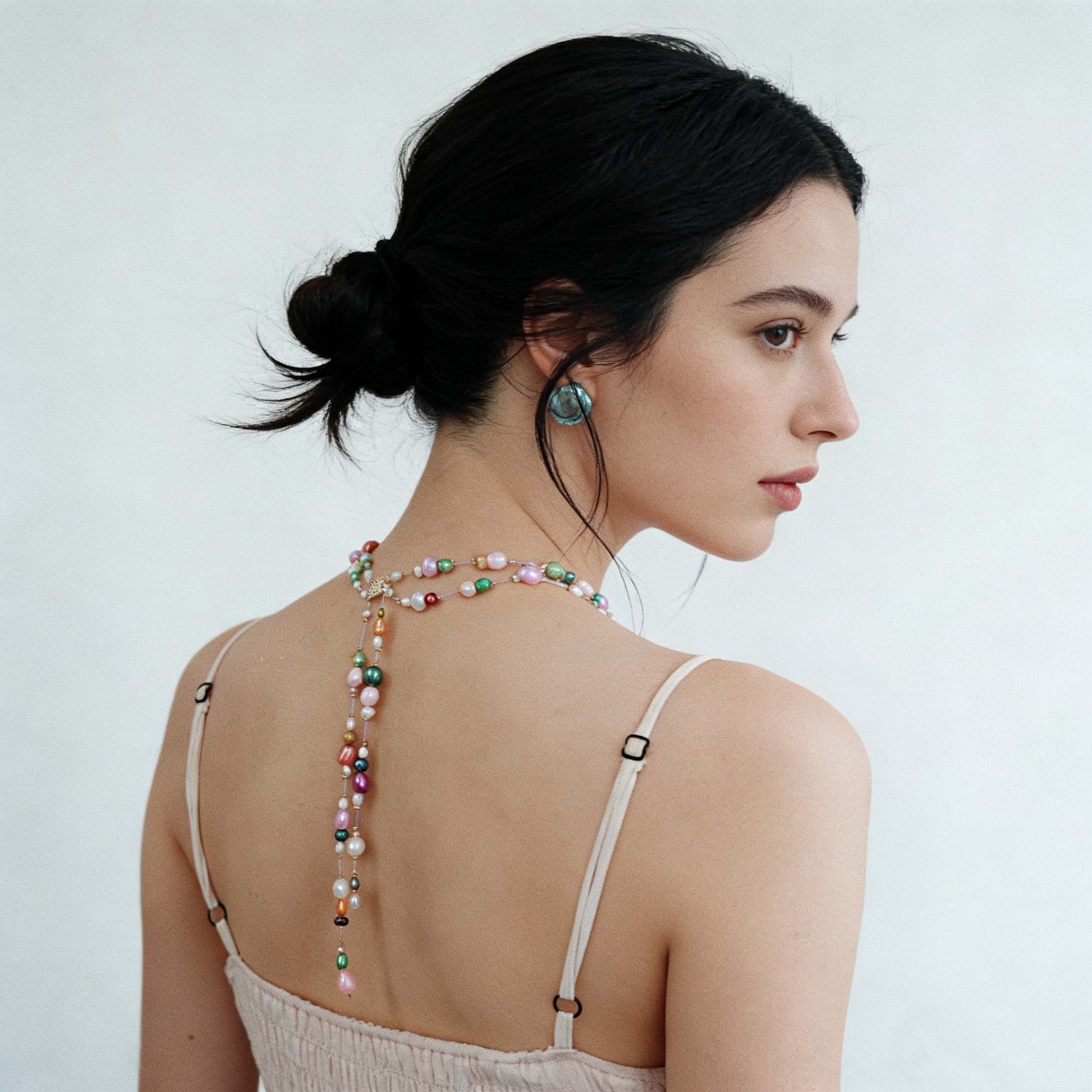 Back view of colorful beaded chain shell necklace