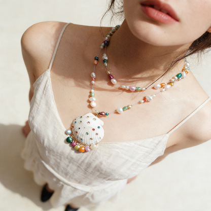 Handmade Shell Necklace with Colorful Beaded Chain