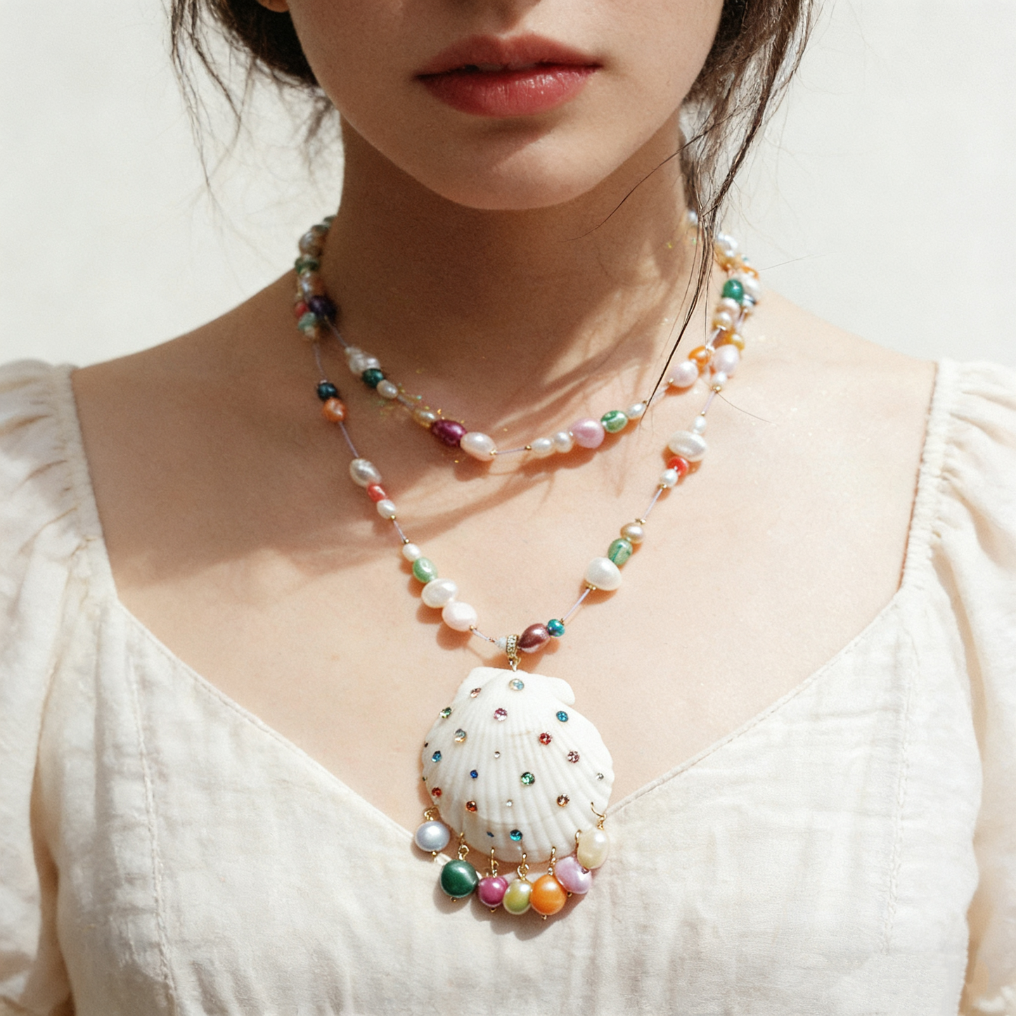 Handmade Shell Necklace with Colorful Beaded Chain
