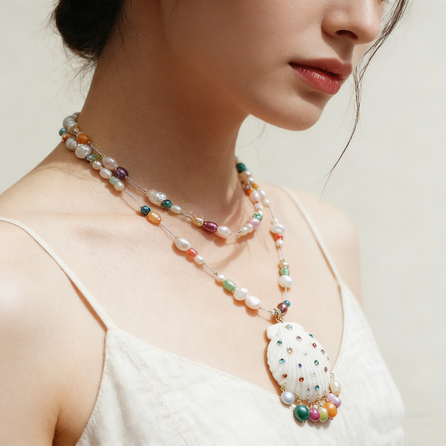 Handmade Shell Necklace with Colorful Beaded Chain