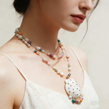 Handmade Shell Necklace with Colorful Beaded Chain
