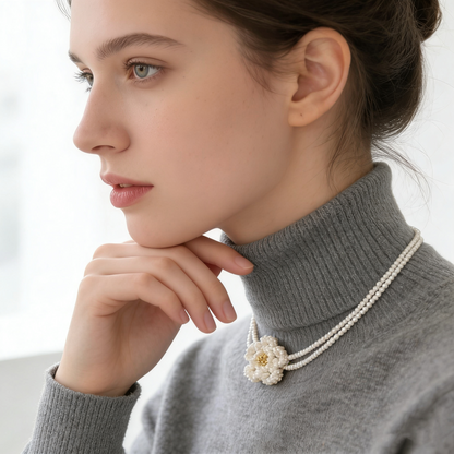 Hand Beaded Floral Necklace with Pearl Beads