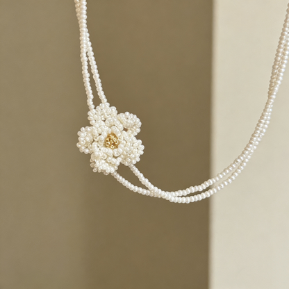 Hand Beaded Floral Necklace with Pearl Beads