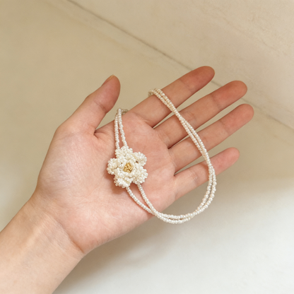 Hand Beaded Floral Necklace with Pearl Beads