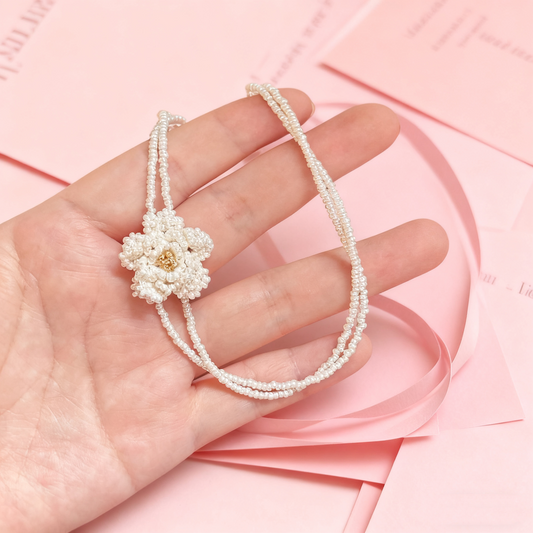 Side view of pearl style beaded necklace showing lightweight construction and soft texture