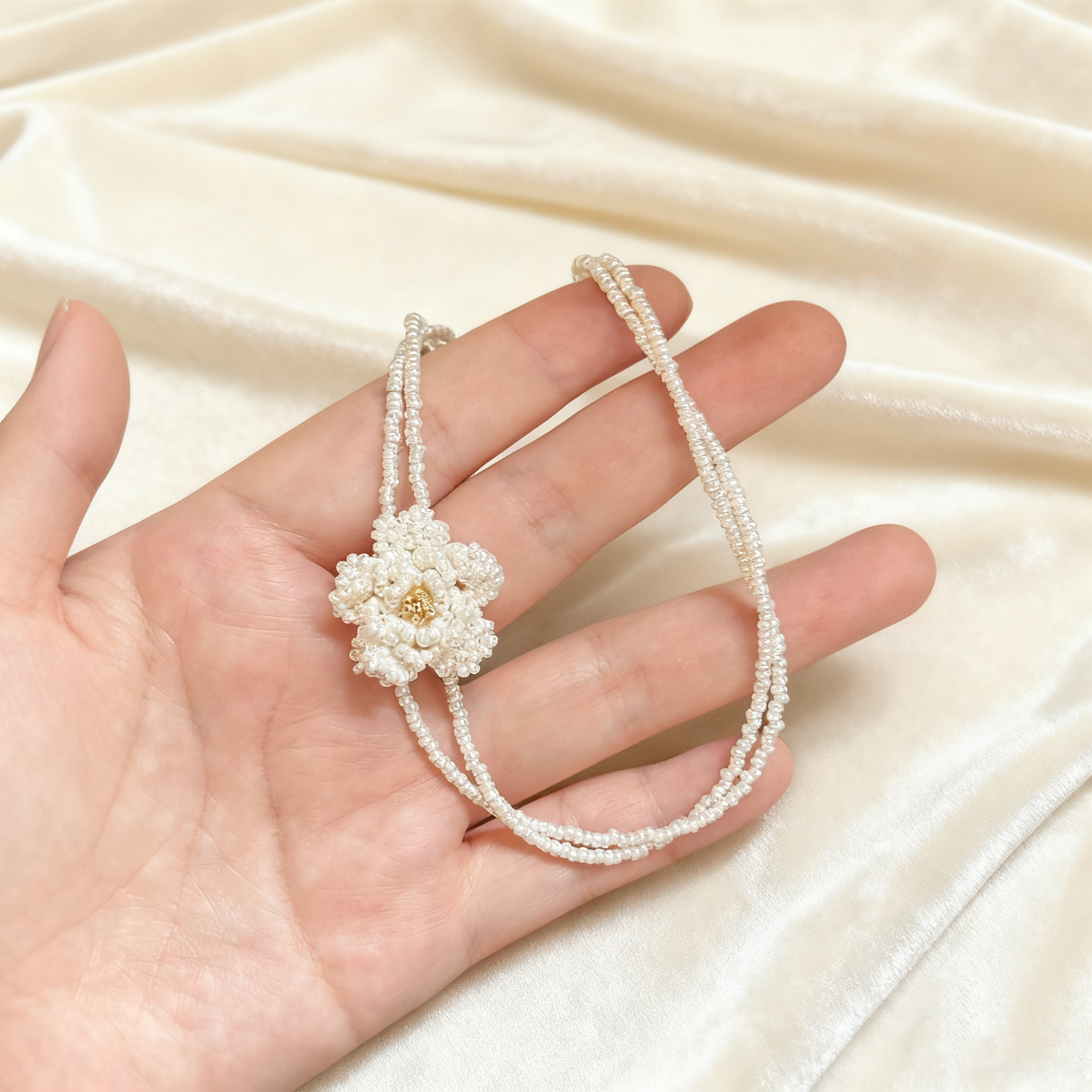 Hand Beaded Floral Necklace with Pearl Beads