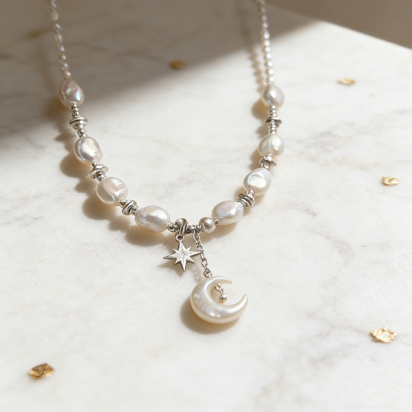 Romantic moon necklace made with natural pearls