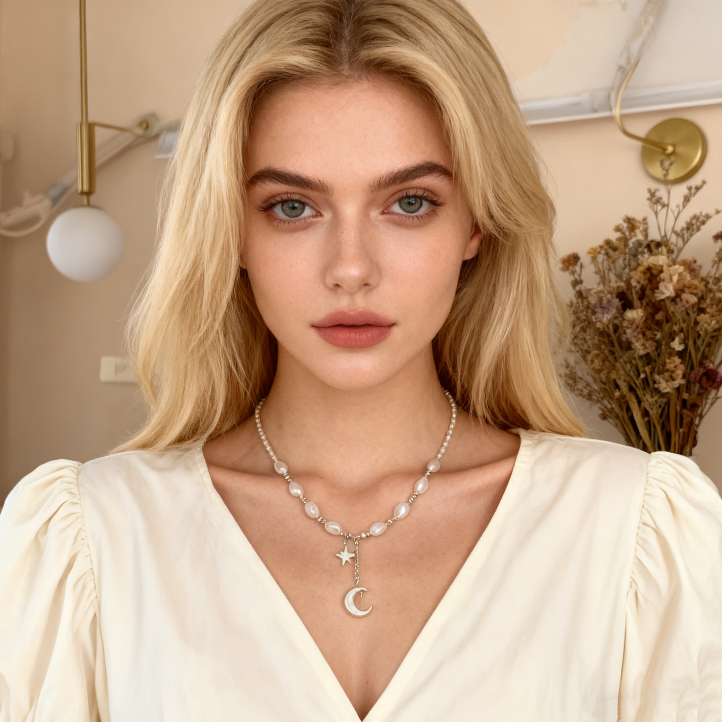 Natural pearl necklace with mother of pearl moon pendant