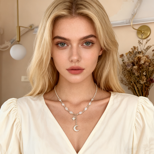 Natural pearl necklace with mother of pearl moon pendant