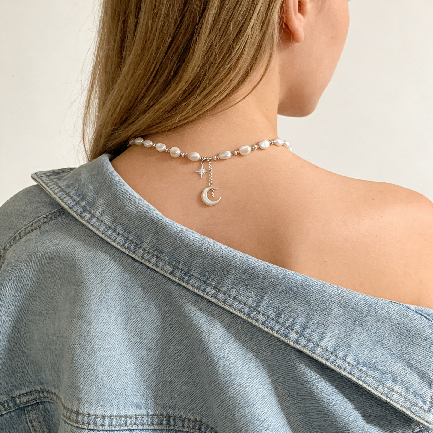 Natural Pearl Moon Necklace with Mother of Pearl Pendant