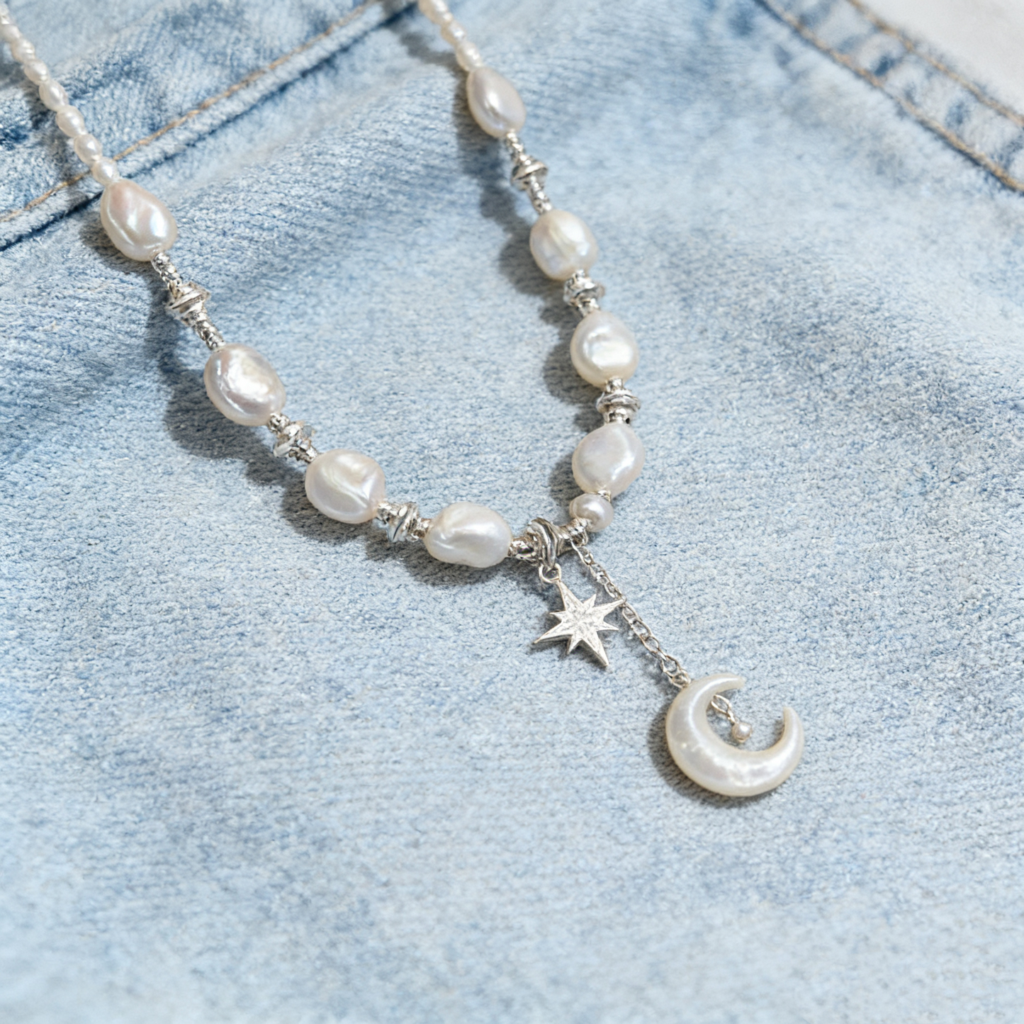 Natural Pearl Moon Necklace with Mother of Pearl Pendant