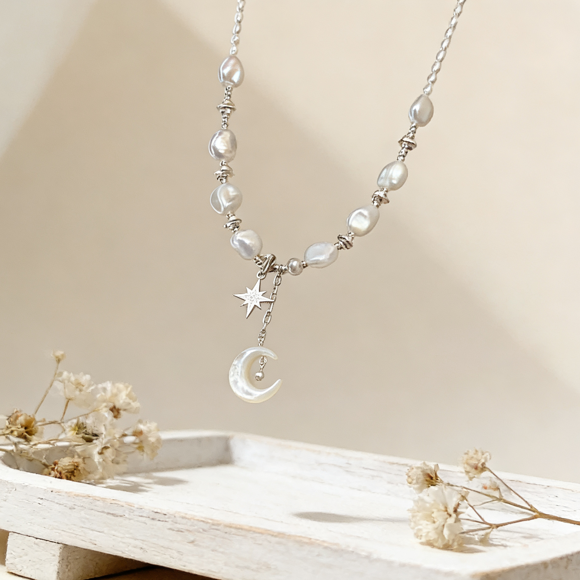 Minimal celestial necklace with natural pearls