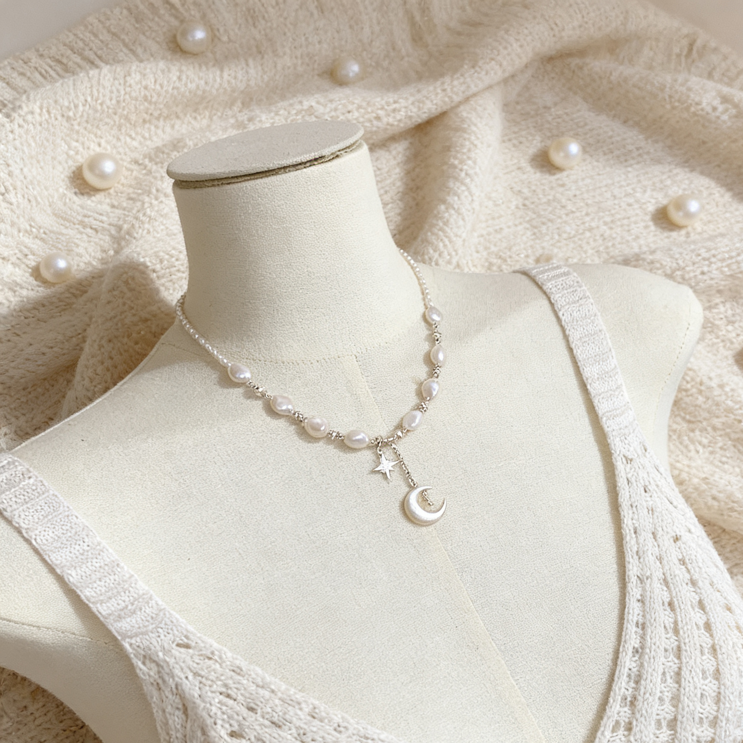 Natural Pearl Moon Necklace with Mother of Pearl Pendant