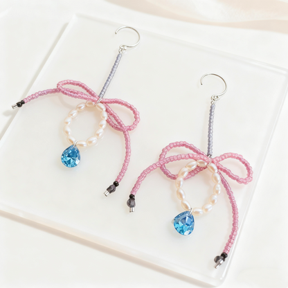 Pink Beaded Bow Earrings with Natural Pearls