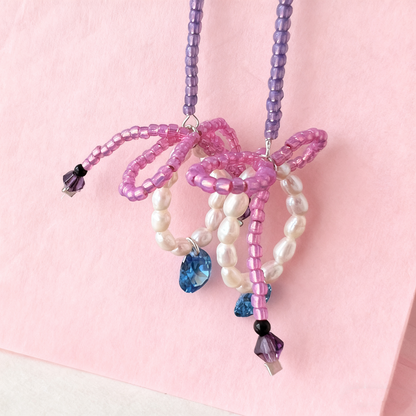 Pink Beaded Bow Earrings with Natural Pearls