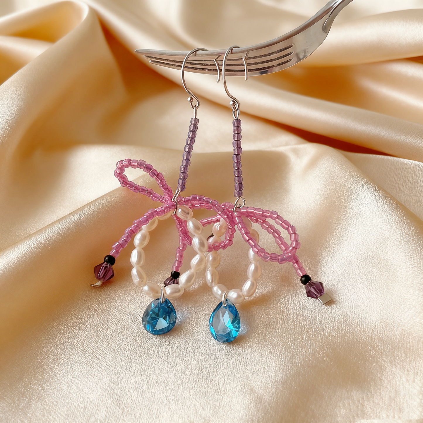 Pink Beaded Bow Earrings with Natural Pearls