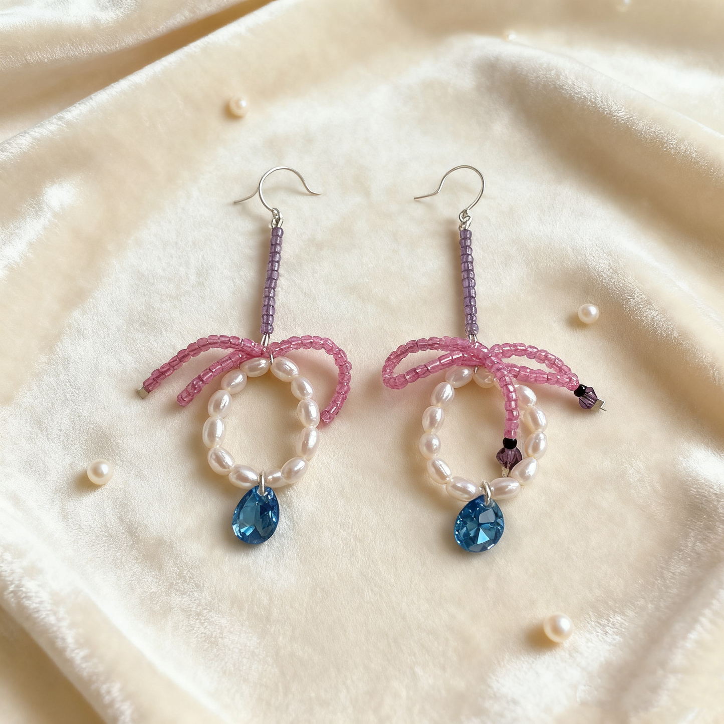 Pink Beaded Bow Earrings with Natural Pearls