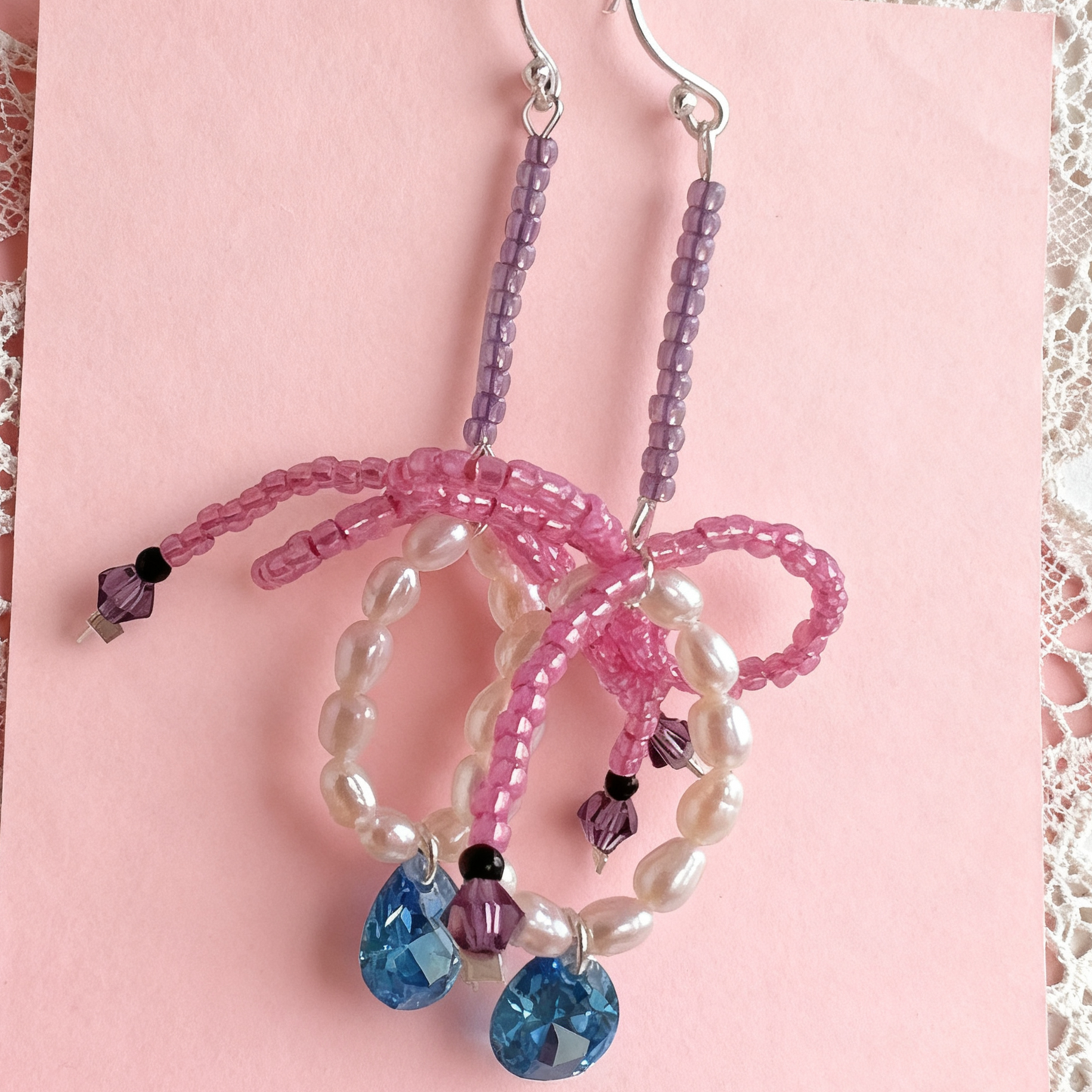 Pink Beaded Bow Earrings with Natural Pearls