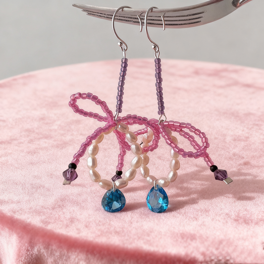 Pink Beaded Bow Earrings with Natural Pearls