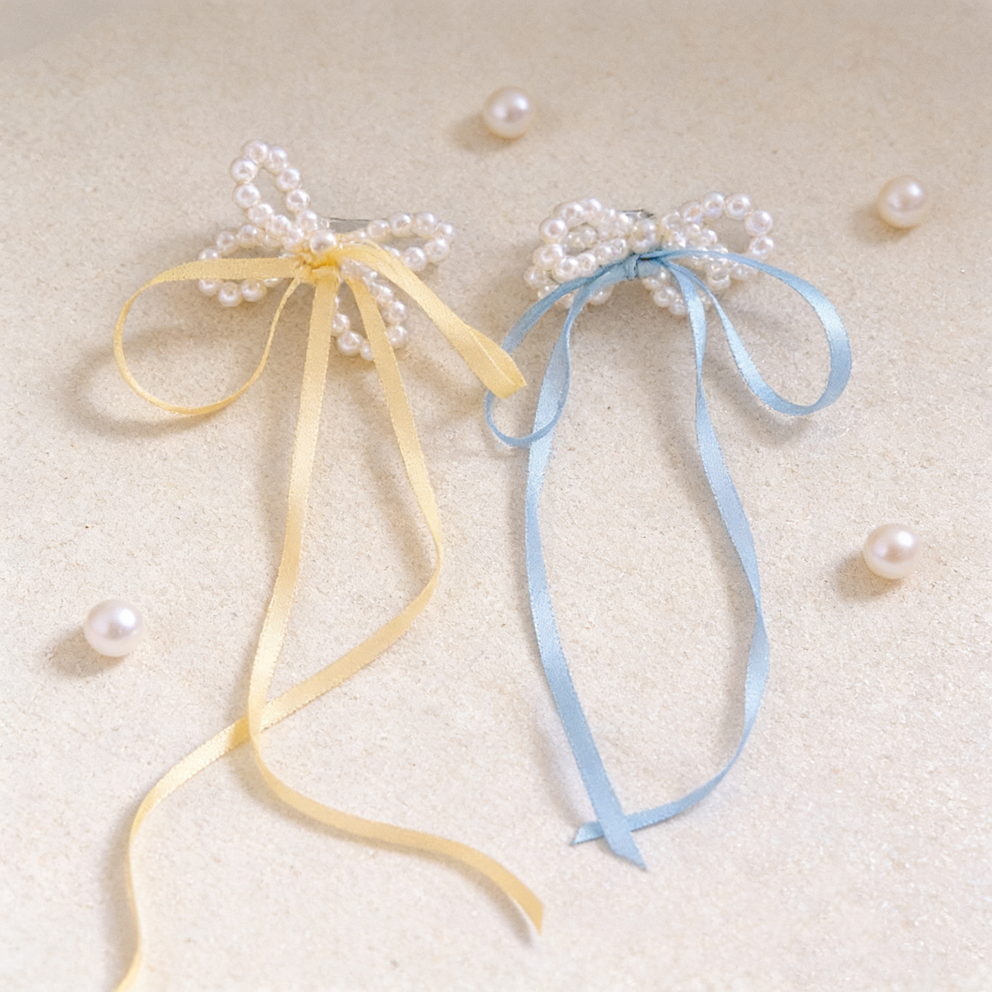 Pearl Bow Stud Earrings with Ribbon Ties