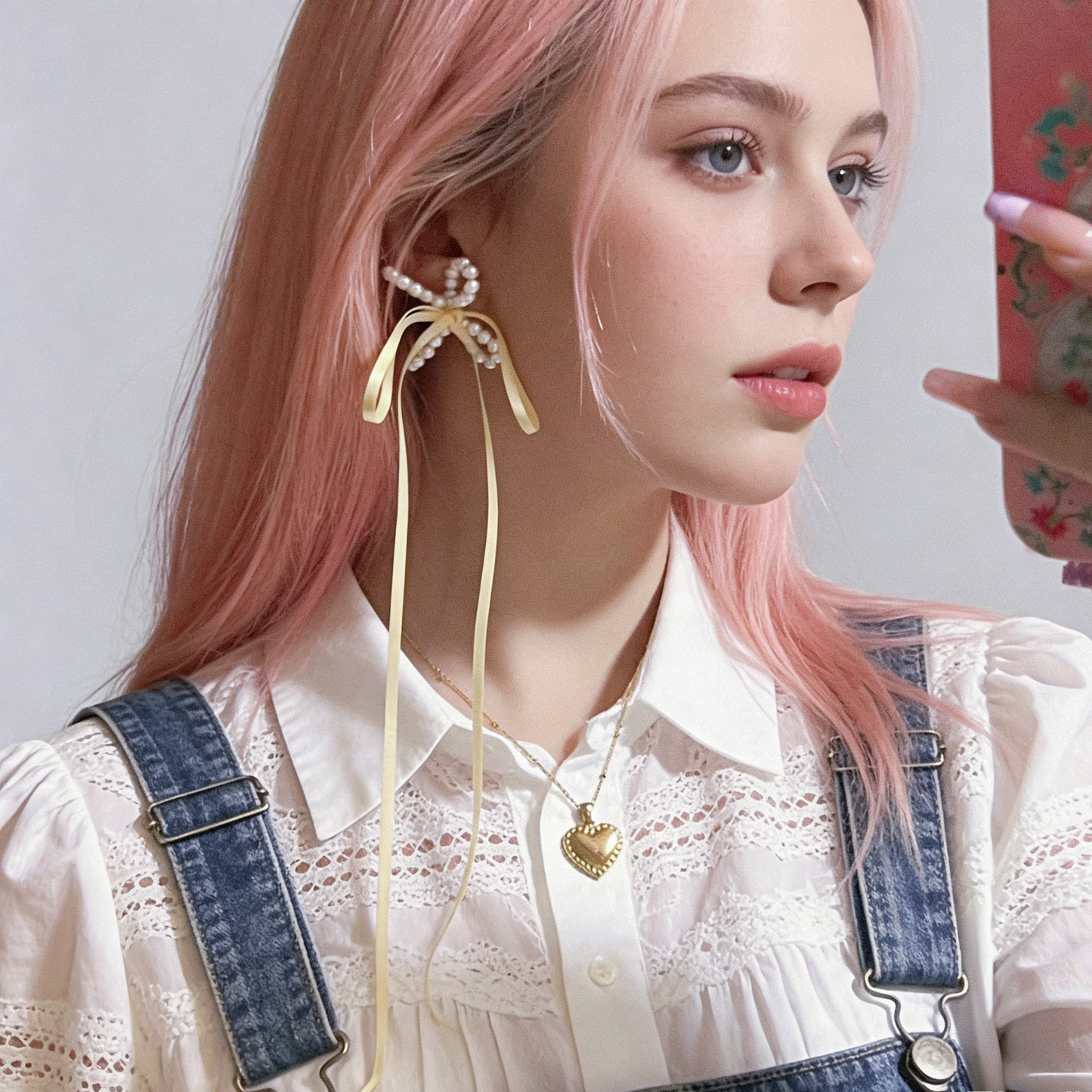 Pearl Bow Stud Earrings with Ribbon Ties