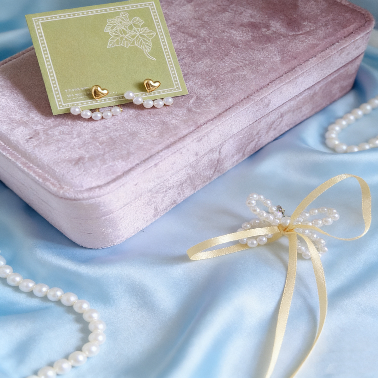 Pearl Bow Stud Earrings with Ribbon Ties