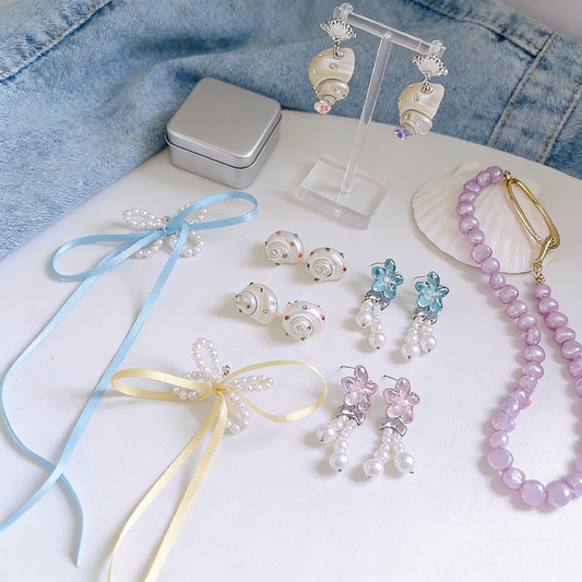 Pearl Bow Stud Earrings with Ribbon Ties