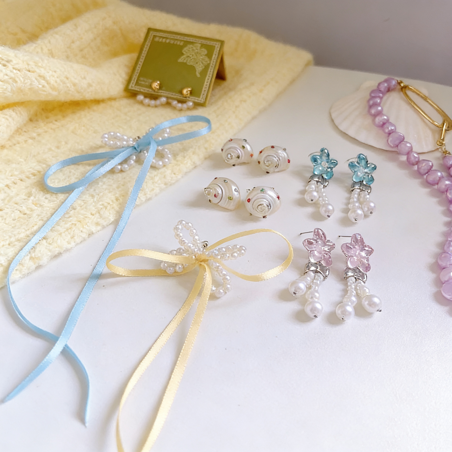 Pearl Bow Stud Earrings with Ribbon Ties