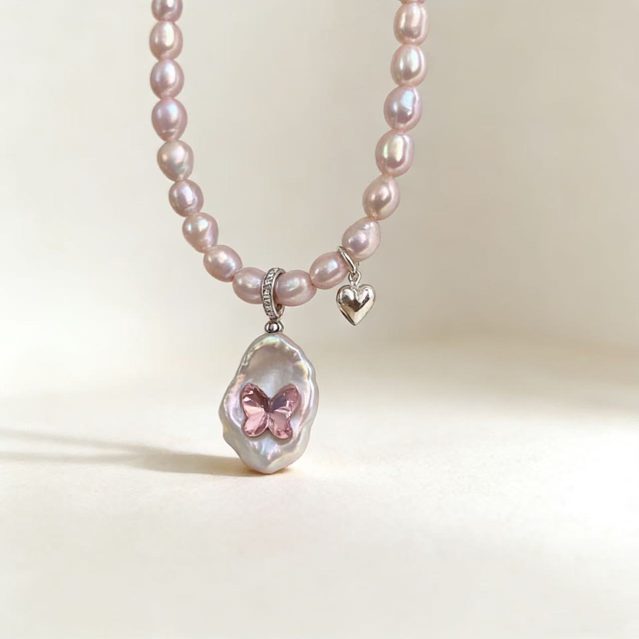 Pink Pearl Necklace with Baroque Pearl & Swarovski Butterfly