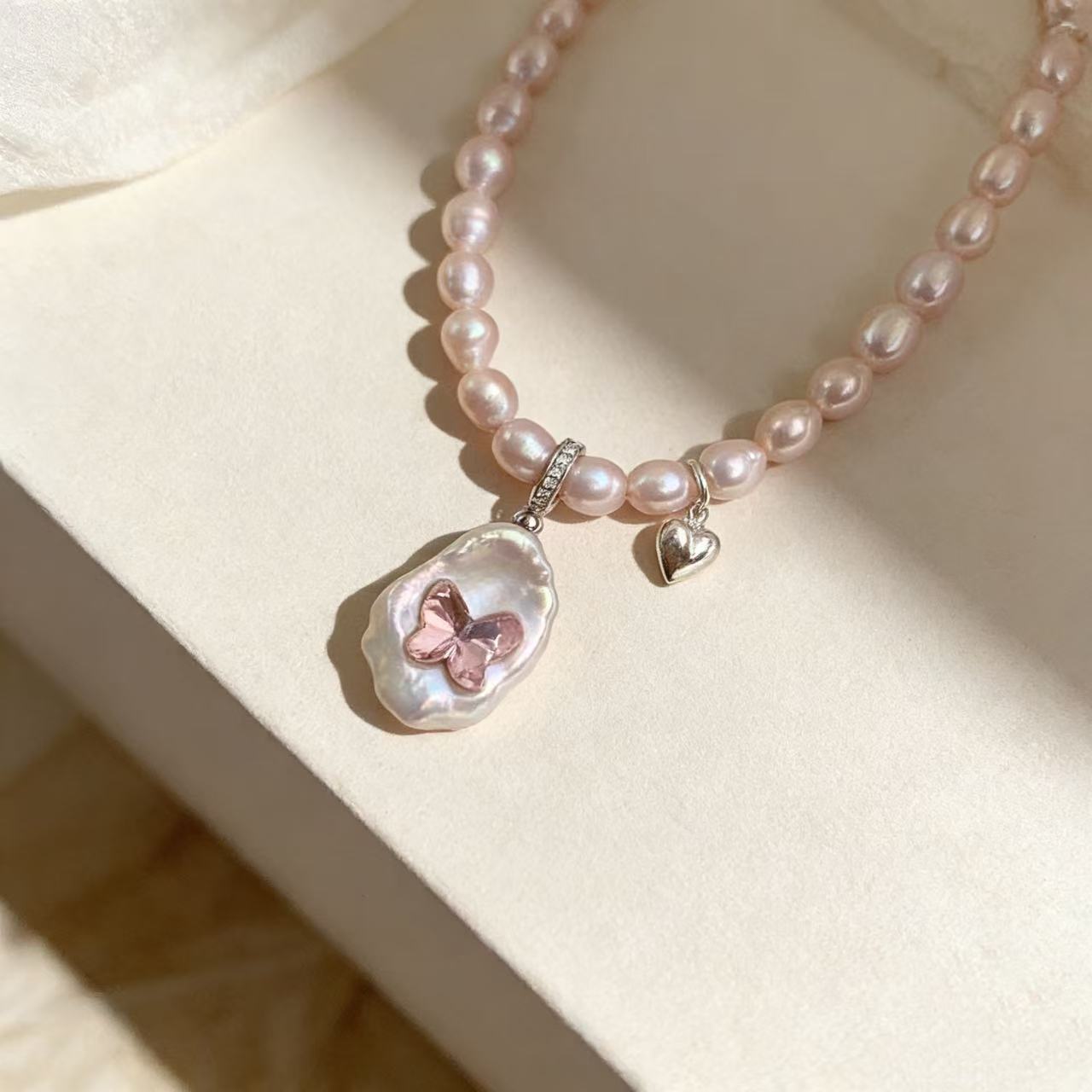 Pink Pearl Necklace with Baroque Pearl & Swarovski Butterfly